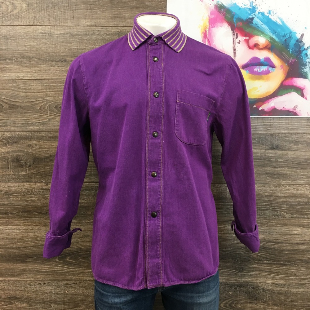 VINTAGE Gene‎ Ewing Bis Purple Oversized Rich Denim Shirt Gold Trim Size M